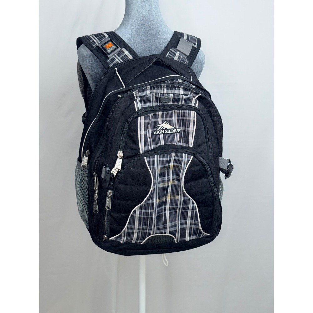 High Sierra Backpack Black Gray Plaid Multi Pocket Padded Laptop School Travel